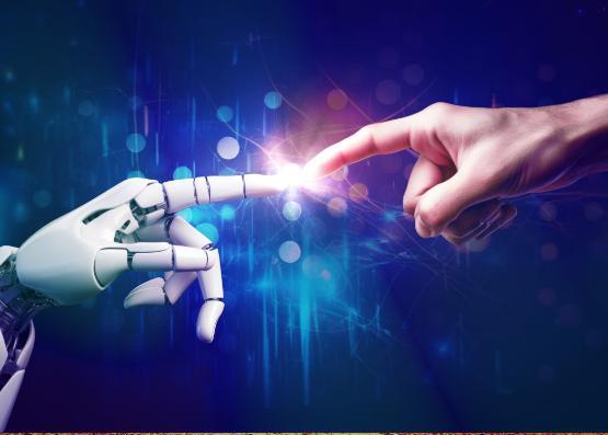 A robot hand touching a human hand a la Michelangelo's Creation of Adam